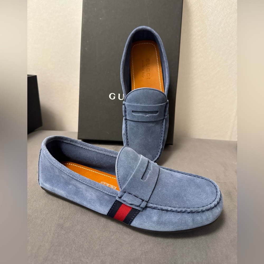 New Gucci Web Trim Loafer  Blue Suede Driver Shoes Sz G5 . Unisex